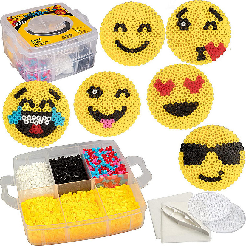 Emoji Smiley Face Fuse Beads - 6 Different Emojis - 3600pcs Beads (6 Colors), Tweezers, Peg Boards, Ironing Paper, Case - Works with Perler Beads- Great Gift, P Image
