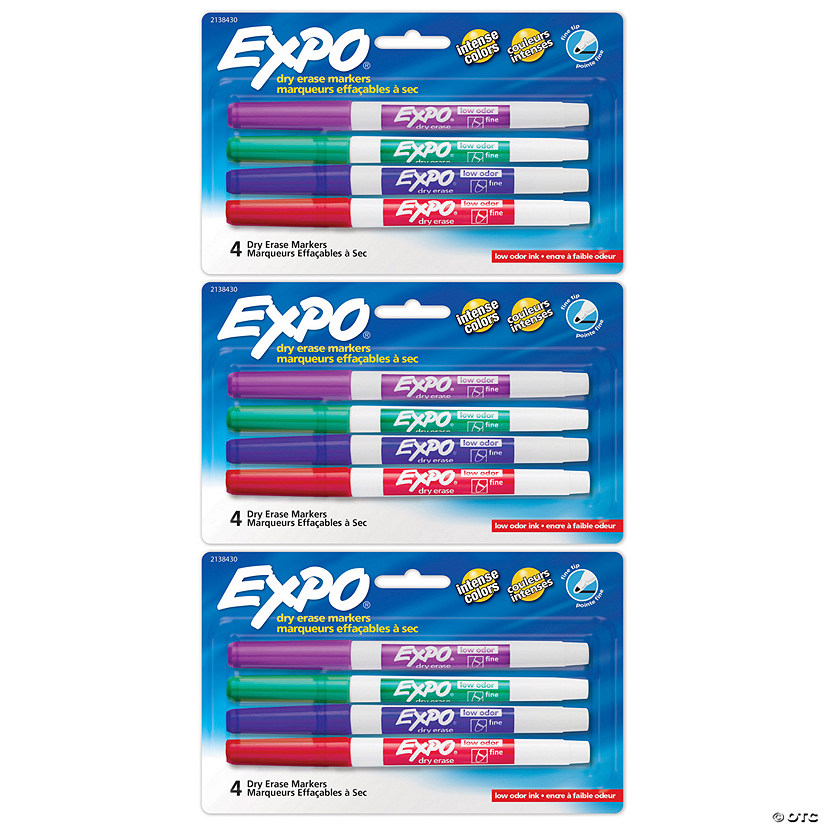 EXPO Dry Erase Markers, Whiteboard Markers with Low Odor Ink, Fine Tip, Assorted Vibrant Colors, 4 Per Pack, 3 Packs Image