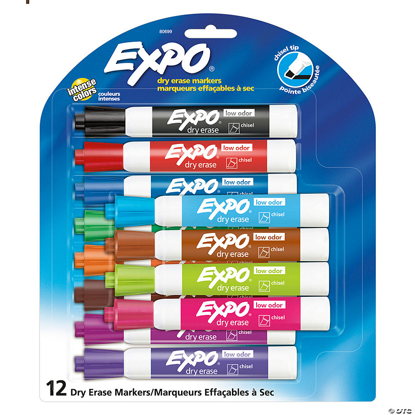 EXPO Low Odor Dry Erase Markers, Chisel Tip, Assorted Colors, 12 Count Image