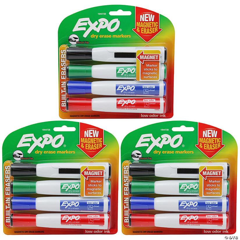 EXPO Magnetic Dry Erase Markers with Eraser, Chisel Tip, Assorted, 4 Per Pack, 3 Packs Image
