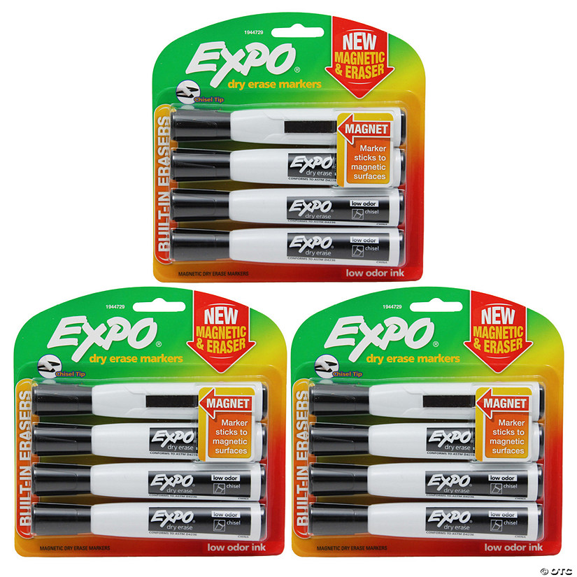 EXPO Magnetic Dry Erase Markers with Eraser, Chisel Tip, Black, 4 Per Pack, 3 Packs Image