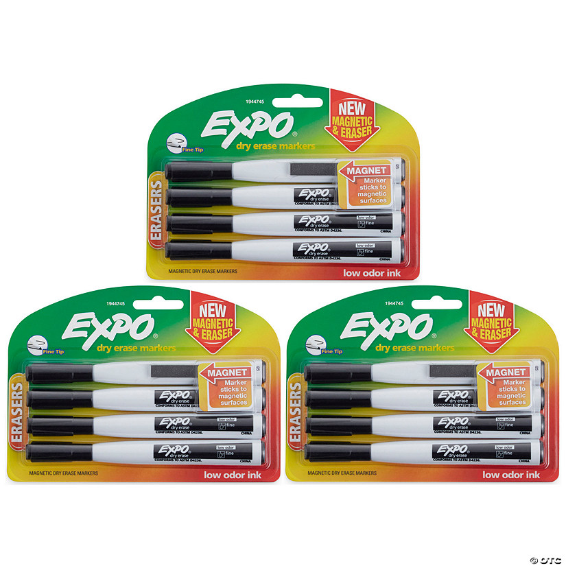 EXPO Magnetic Dry Erase Markers with Eraser, Fine Tip, Black, 4 Per Pack, 3 Packs Image