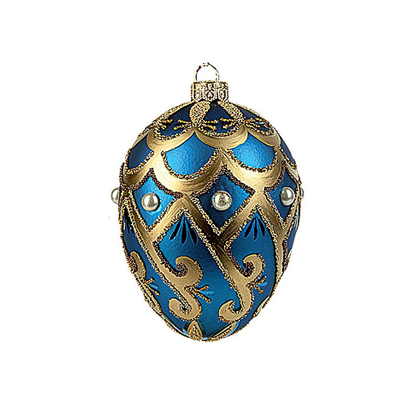 Faberge Inspired Blue Pearl Egg Polish Blown Glass Christmas or Easter Ornament Image