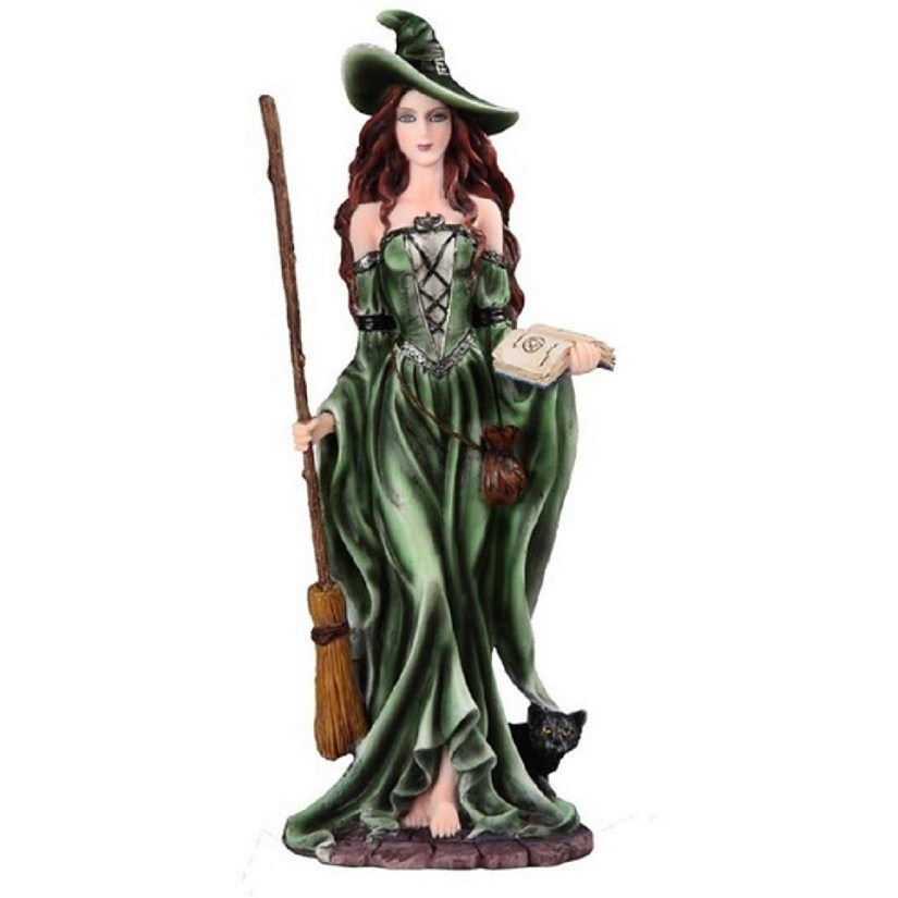 FC Design 10.75"H Green Witch with Broom and Black Cat Statue Fantasy Decoration Figurine Image
