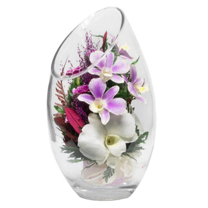 Fiora Flower  Long Lasting Purple Orchids, Limoniums with Greenery in a Flat Rugby Glass Vase Image