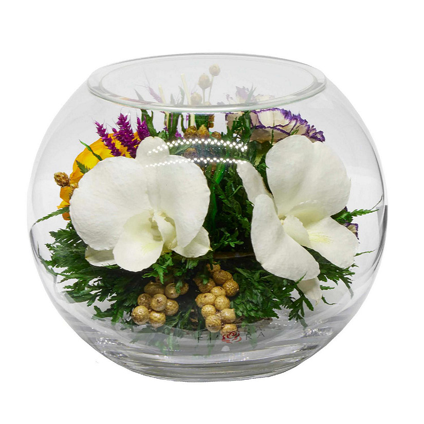Fiora Flower Long Lasting White Orchids and rose in a Round Glass Vase Image
