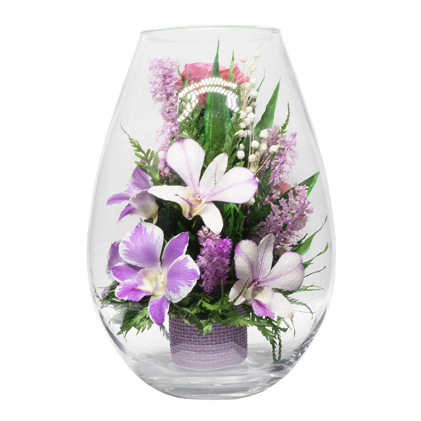 Fiora Flower  Pink Roses, Purple-Striped White and King Dragon Orchids in a Droplet Glass Vase Image