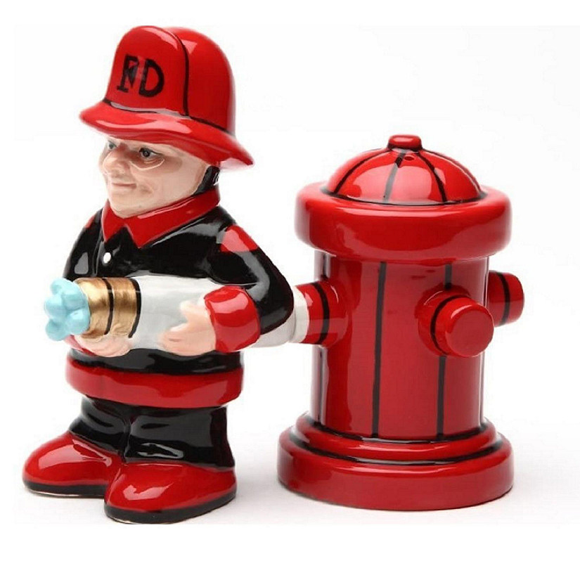 Fireman with Fire Hydrant Ceramic Magnetic Salt and Pepper Shaker Set Image