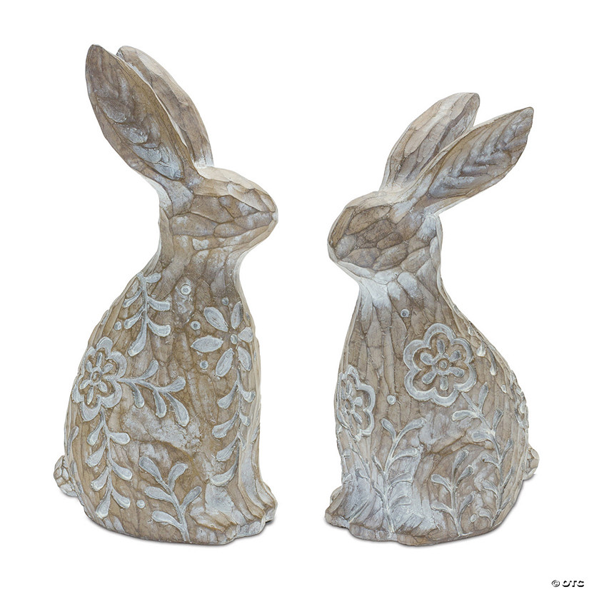 Floral Carved Rabbit (Set Of 2) 7.25"H, 8"H Resin Image