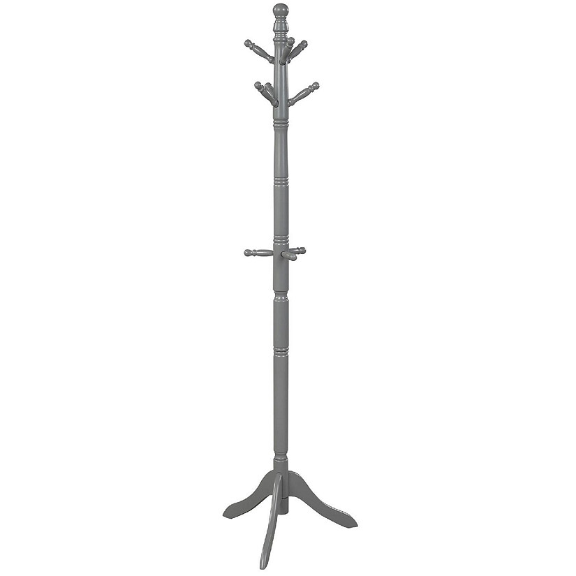 Free Standing Coat Rack Wooden Hall Tree 2 Adjustable Height w/ 9 Hooks Grey Image