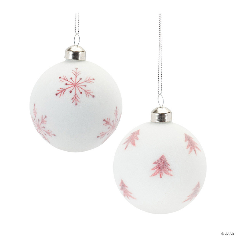 Frosted Snowflake And Tree Ball Ornament (Set Of 12) 3"D Glass Image