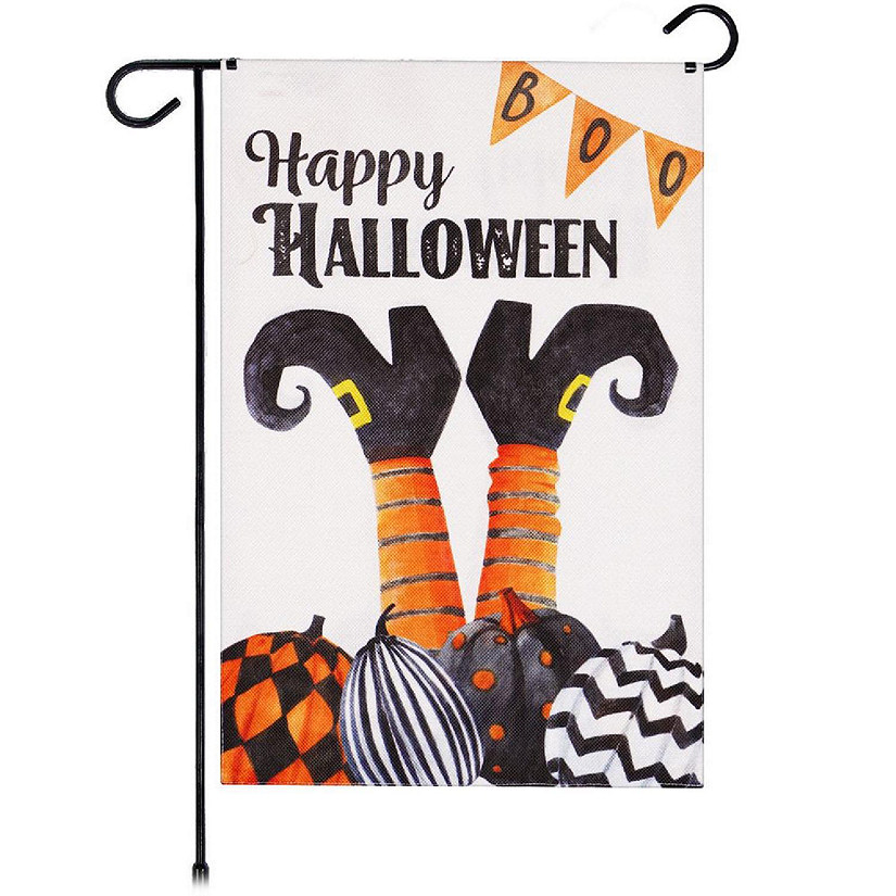 G128 12x18IN Happy Halloween Witch Feet Pumpkins Burlap Garden Flag Image