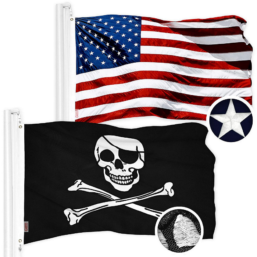 G128 16x24 In Combo USA & Pirate Jolly Roger Bones Embroidered 210D Polyester Flag Image