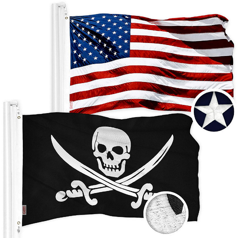 G128 20x30 In Combo USA & Pirate Jolly Roger Swords Embroidered 210D Polyester Flag Image