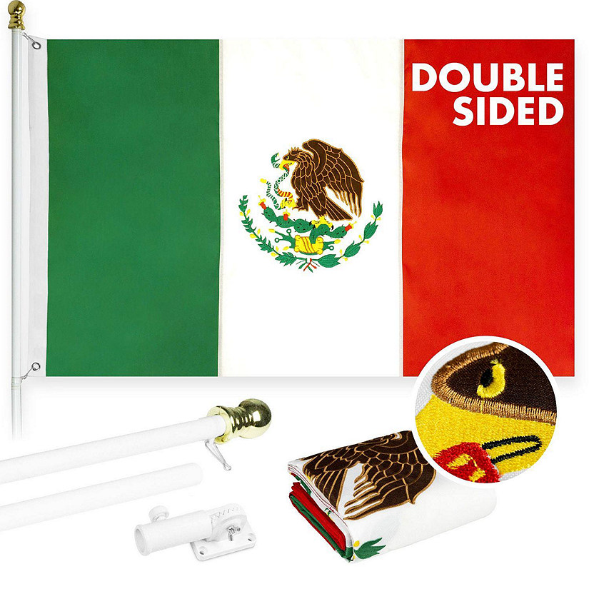 G128  5 Feet Tangle Free Spinning Flagpole White Mexico Flag Double Sided Brass Grommets Embroidered 2x3 ft Flag Included Aluminum Flag Pole Image