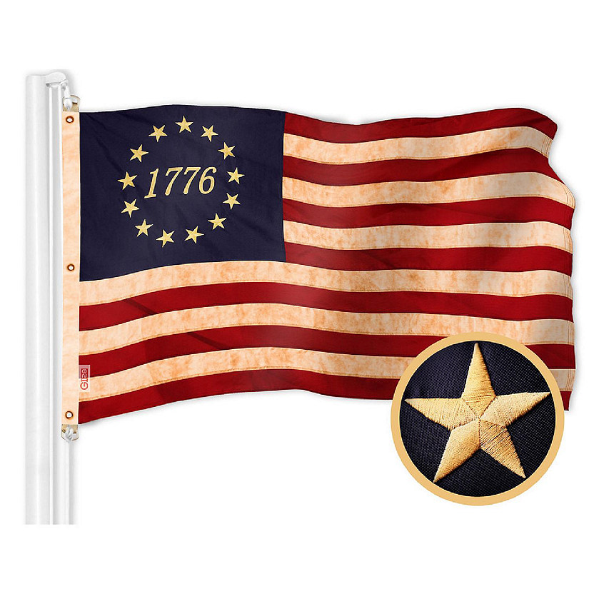 G128 5x8ft 1PK Betsy Ross 1776 Circle, Tea-Stained Embroidered 420D Polyester Flag Image