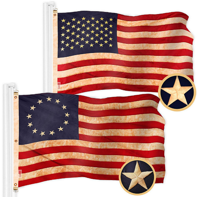 G128 5x8ft Combo USA & Betsy Ross Tea-Stained Embroidered 420D Polyester Flag Image