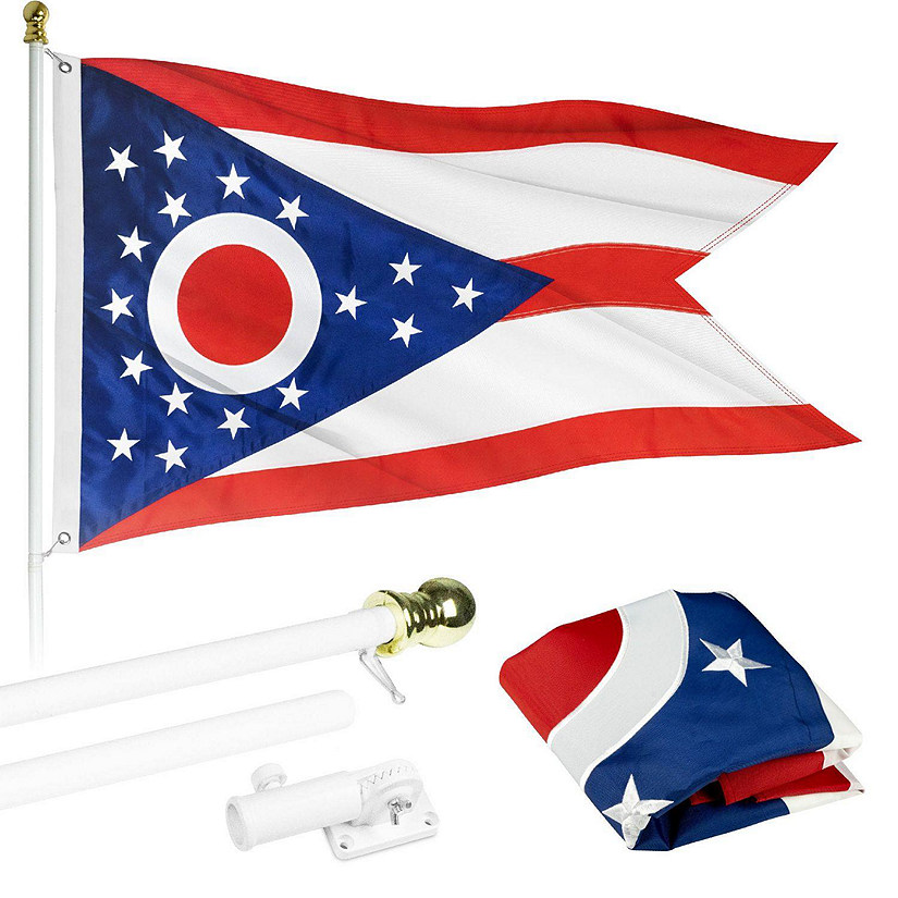 G128  6 Feet Tangle Free Spinning Flagpole White Ohio Flag Brass Grommets Embroidered 3x5 ft Flag Included Aluminum Flag Pole Image