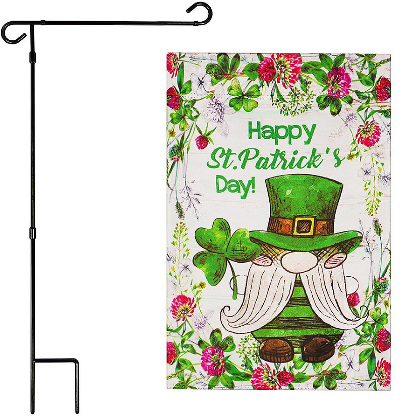 G128 Combo 36x16in Garden Flag Stand & 12x18in Happy St. Patrick's Day Decoration Decoration Leprechaun Gnome Double-Sided Blockout Fabric Garden Flag Image