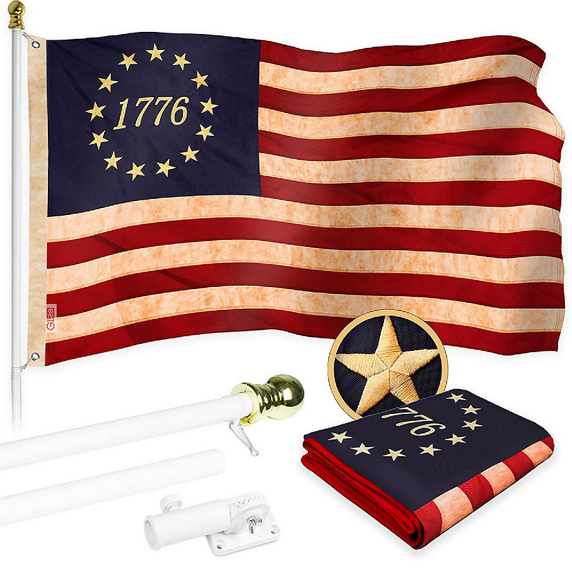 G128 Combo 5ft White Flagpole & 2.5x4ft Betsy Ross 1776 Circle, Tea-Stained Embroidered 420D Polyester Flag Image