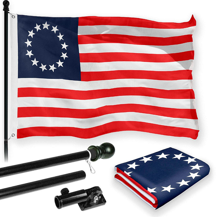 G128 - Combo Pack: 6 Feet Tangle Free Spinning Flagpole (Black) Betsy Ross Flag 3x5 ft Printed 150D Brass Grommets (Flag Included) Aluminum Flag Pole Image