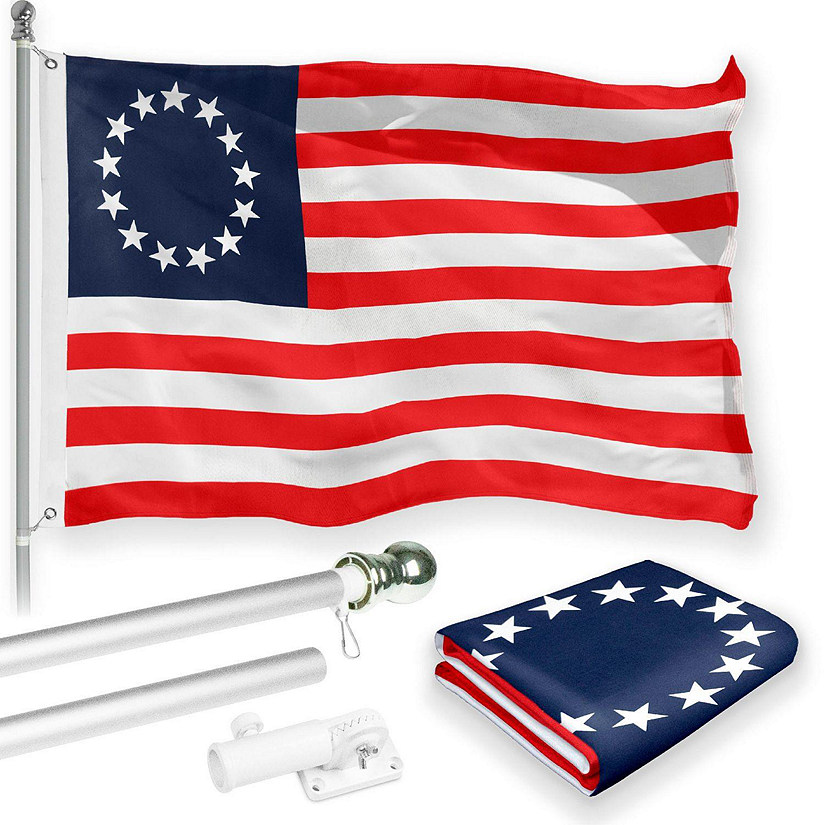 G128 - Combo Pack: 6 Feet Tangle Free Spinning Flagpole (Silver) Betsy Ross Flag 3x5 ft Printed 150D Brass Grommets (Flag Included) Aluminum Flag Pole Image