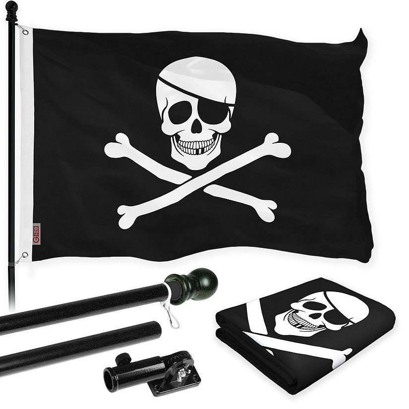 G128 - Combo Pack: Flag Pole 6 FT Black Tangle Free and Pirate Jolly Roger Bones Flag 3x5ft 150D Printed Polyester Image