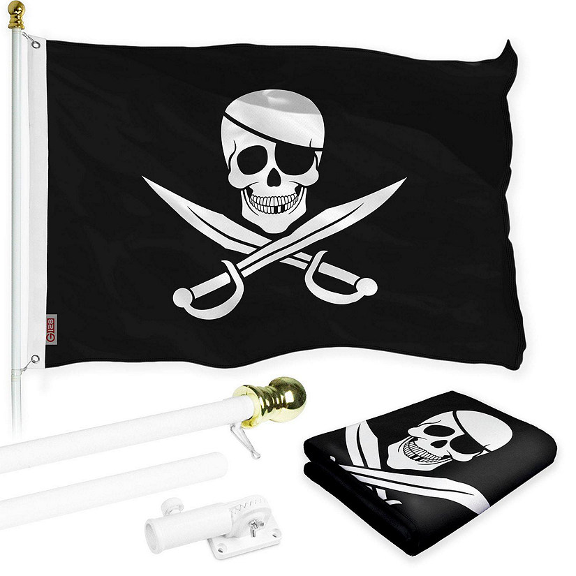 G128 - Combo Pack: Flag Pole 6 FT White Tangle Free and Pirate Jolly Roger Swords Flag 3x5ft 150D Printed Polyester Image