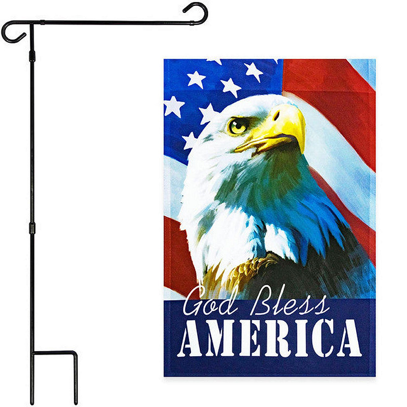 G128 - Combo Pack: Garden Flag Stand Black 36x16IN and Garden Flag God Bless America USA Flag with Eagle 12x18IN Image