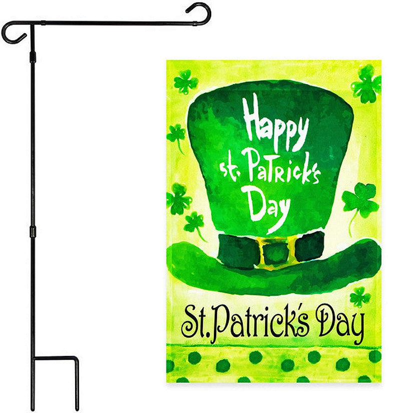 G128 - Combo Pack: Garden Flag Stand Black 36x16IN and Garden Flag Happy St. Patrick's Day Leprechaun Hat 12x18IN Image