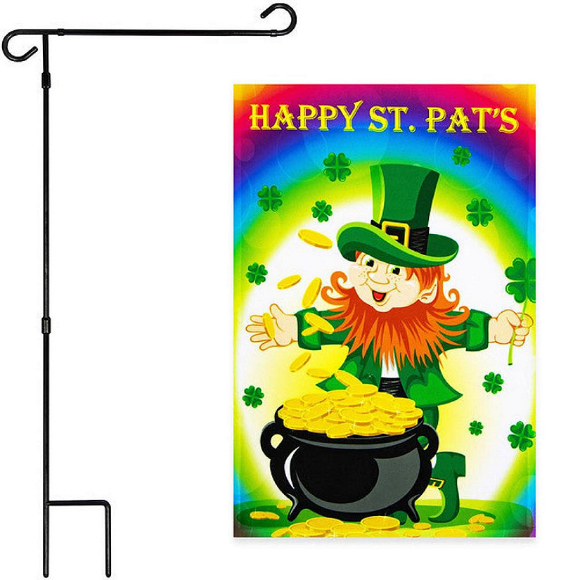 G128 - Combo Pack: Garden Flag Stand Black 36x16IN and Garden Flag Happy St. Patrick's Day Leprechaun with Pot of Gold 12x18IN Image