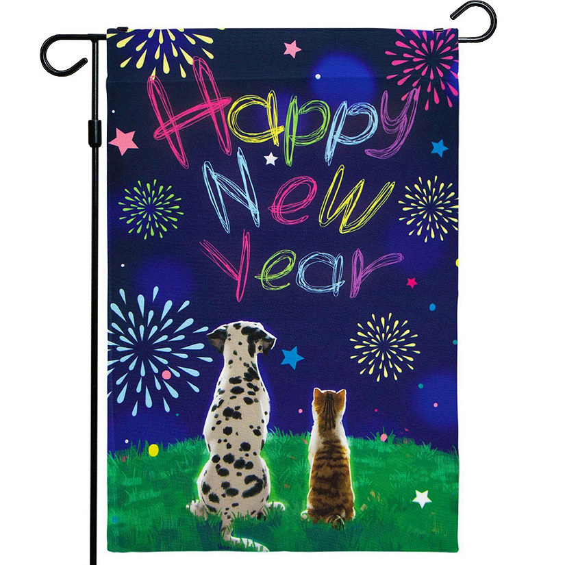 G128 Happy New Year Garden Flag Dog Cat Fireworks 12 x 18 Inch Image