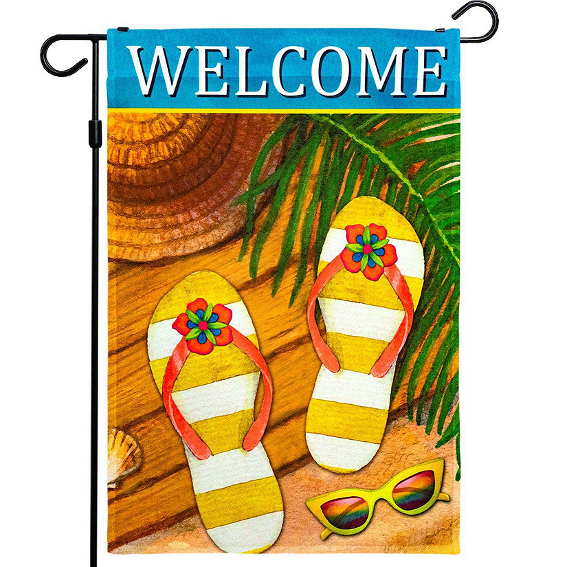 G128  Welcome Summer Sandals & Sunglasses Garden Flag, Rustic Holiday Seasonal Outdoor Flag 12" x 18 Image