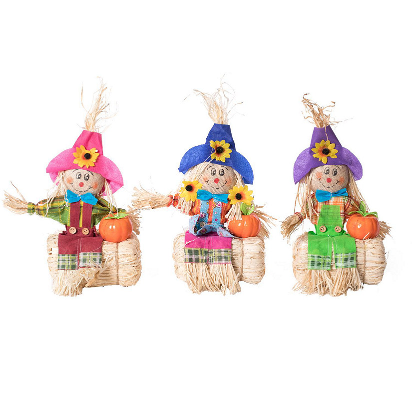 Gardenised Outdoor Fall Decor Halloween Scarecrow for Garden Ornament Sitting on Hay Bale, Straw Multicolor, Set of 3, 12 in. Image