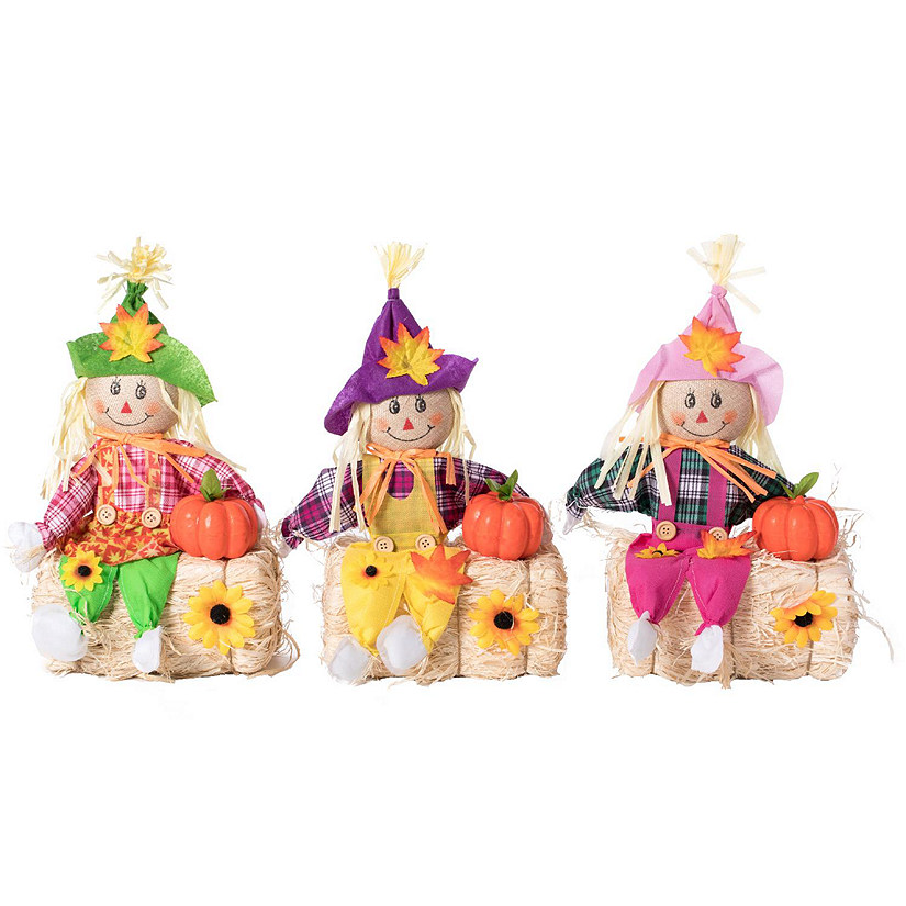 Gardenised Outdoor Fall Decor Halloween Scarecrow for Garden Ornament Sitting on Hay Bale, Straw Multicolor, Set of 3, 16 in. Image