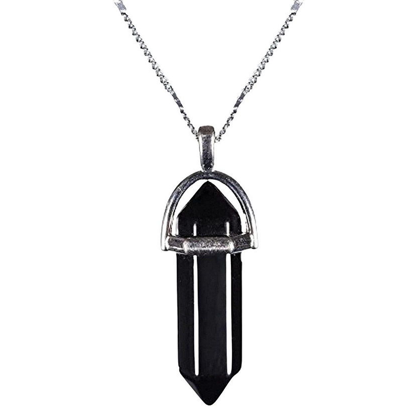 Gem Stone Natural Crystal Pendants and Silver Necklace - Black Image