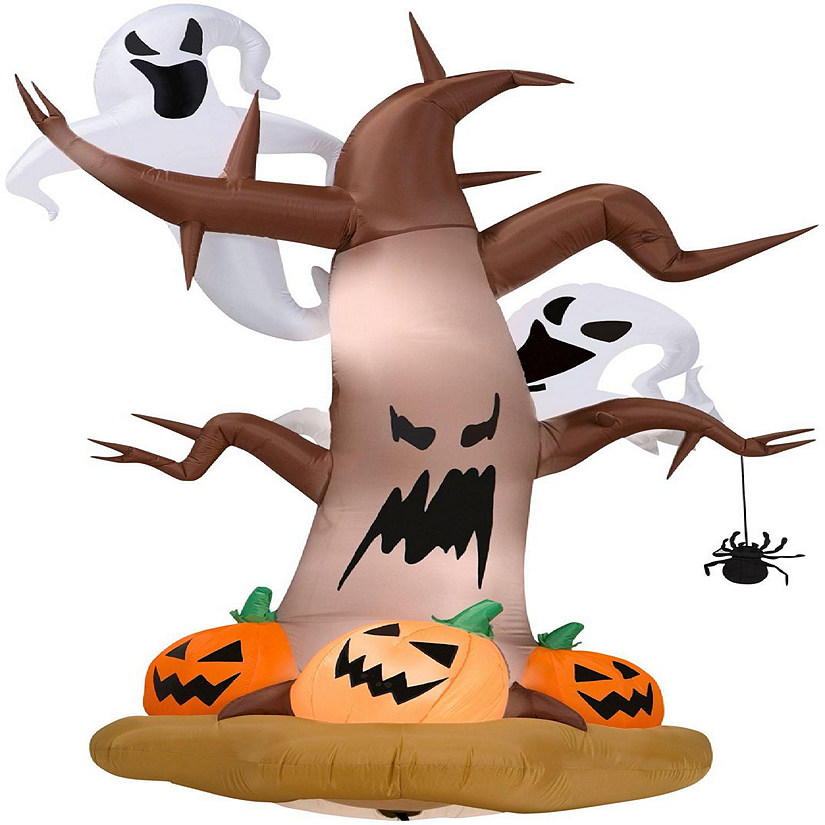 Gemmy Airblown Dead Tree with Ghosts on Top+Pumpkins  8 ft Tall  Brown Image