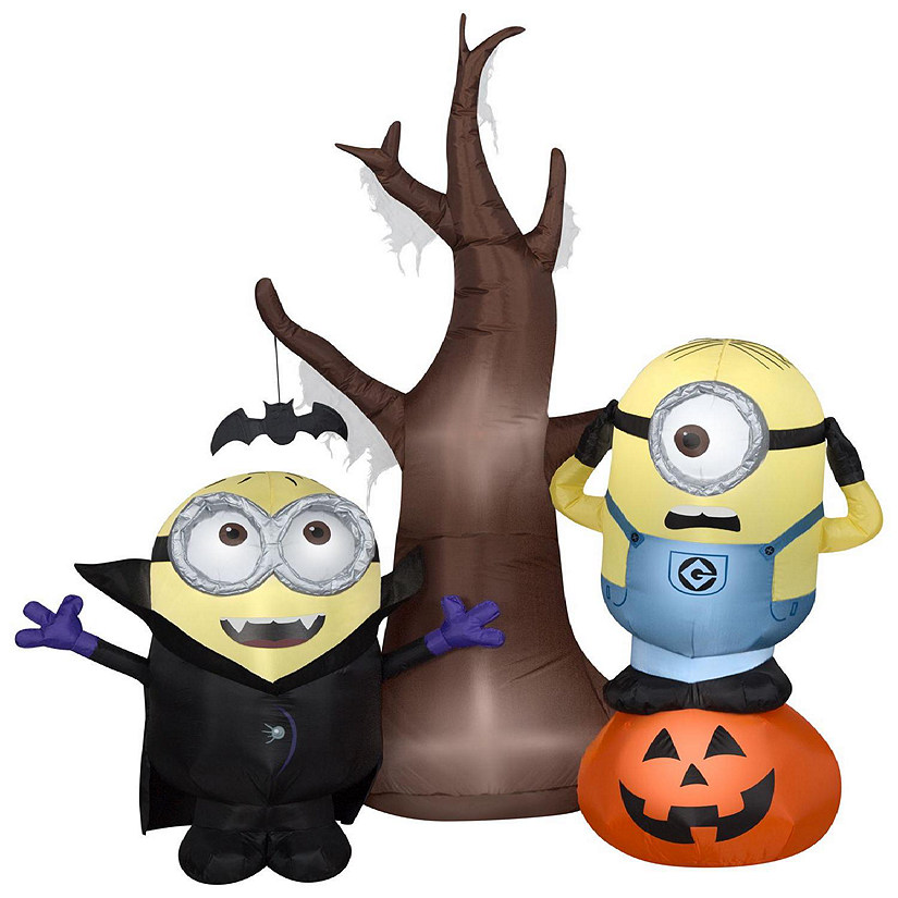Gemmy Airblown Minions with Tree and Pumpkin Scene Universal  5.5 ft Tall  Multicolored Image