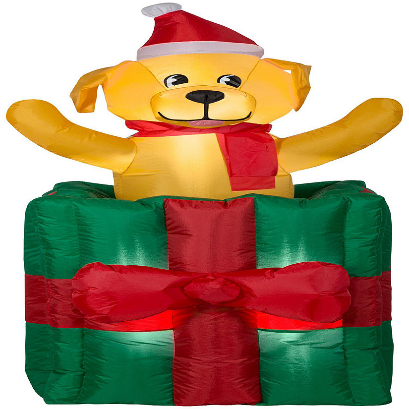 Gemmy Animated Puppy in Christmas Gift Box  5 ft Tall  green Image