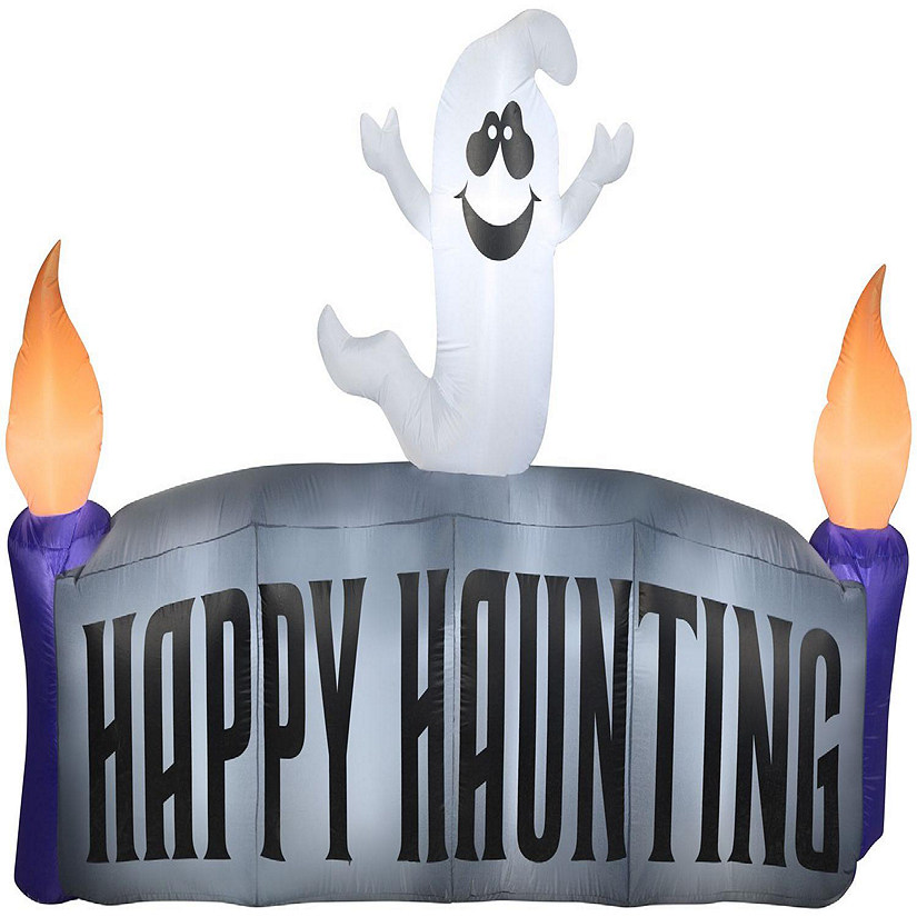 Gemmy Christmas Airblown Inflatable Ghost with Happy Haunting Sign Scene  5 ft Tall  grey Image
