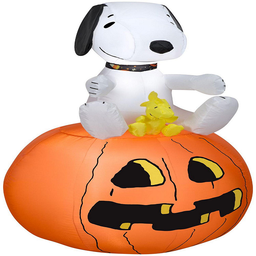 Gemmy Christmas Airblown Inflatable Snoopy with Halloween Collar and Woodstock on Pumpkin  3.5 ft Tall Image