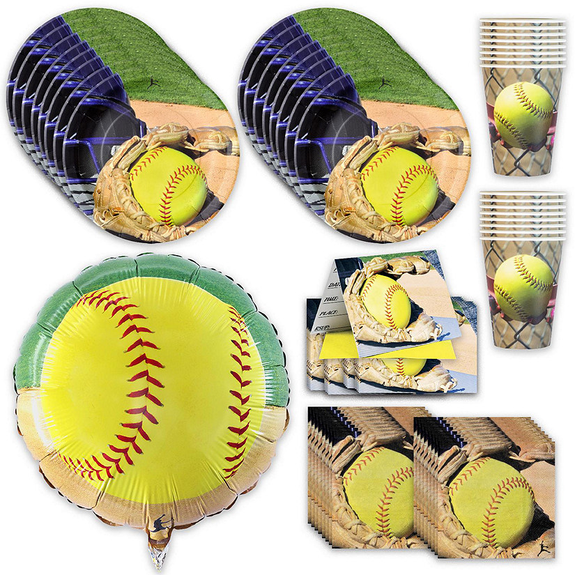 Girl&#8217;s Fastpitch Softball Party for 16 guests! Includes 16 ea. 9in. Lg. Plates, Lunch Napkins, 12oz. Cups & Invitations & an 18in. Mylar Balloon. by Havercamp Image
