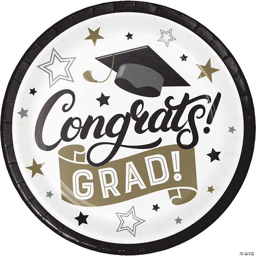 Glamorous "Congrats Grad" Black and Gold Graduation Paper Plates, 24 ct Image