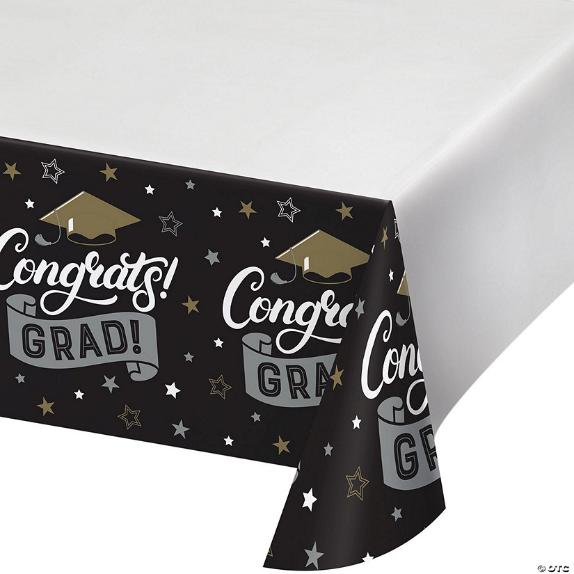 Glamorous "Congrats Grad" Black and Gold Graduation Paper Tablecloths, 3 ct Image