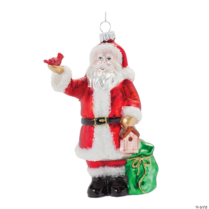 Glass Santa With Cardinal Bird Santa Ornament (Set Of 6) 6.25"H Image