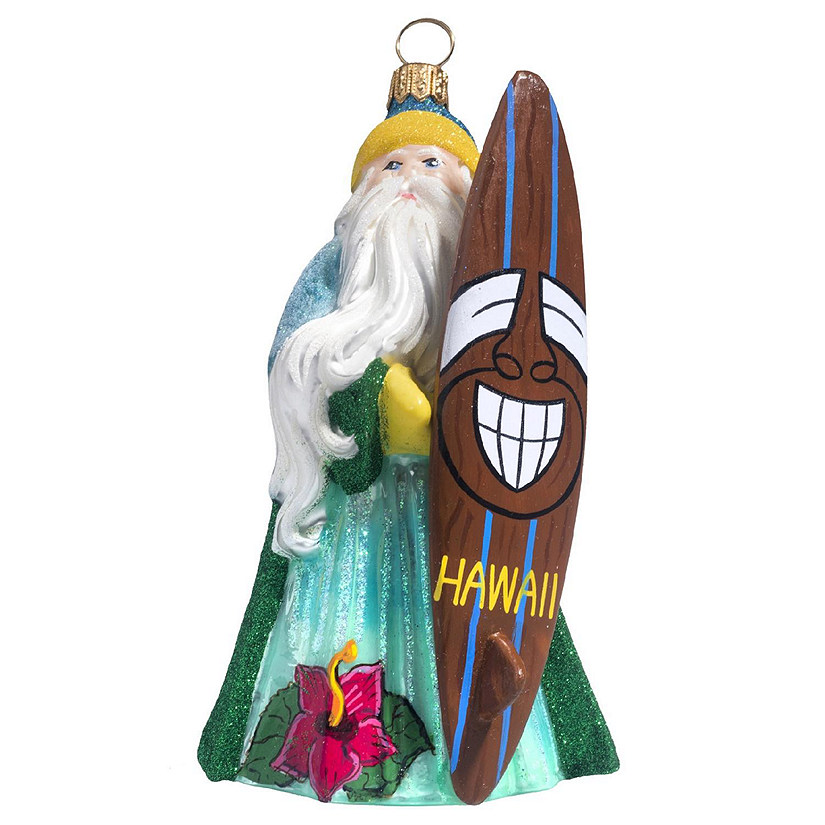 Glitterazzi Hawaii Santa with Tiki Surfboard Polish Glass Christmas Ornament Image