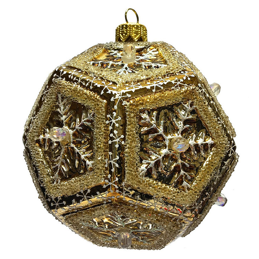Gold Beaded Snowflake Dodecahedron Ball Polish Glass Christmas Tree Ornament Image