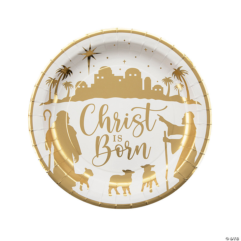 Gold Foil Nativity Christ Is Born Paper Dinner Plates - 8 Ct. Image