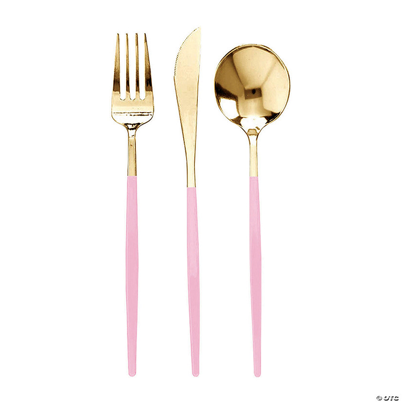 Gold with Pink Handle Moderno Disposable Plastic Cutlery Set - Spoons, Forks and Knives (40 Guests) Image