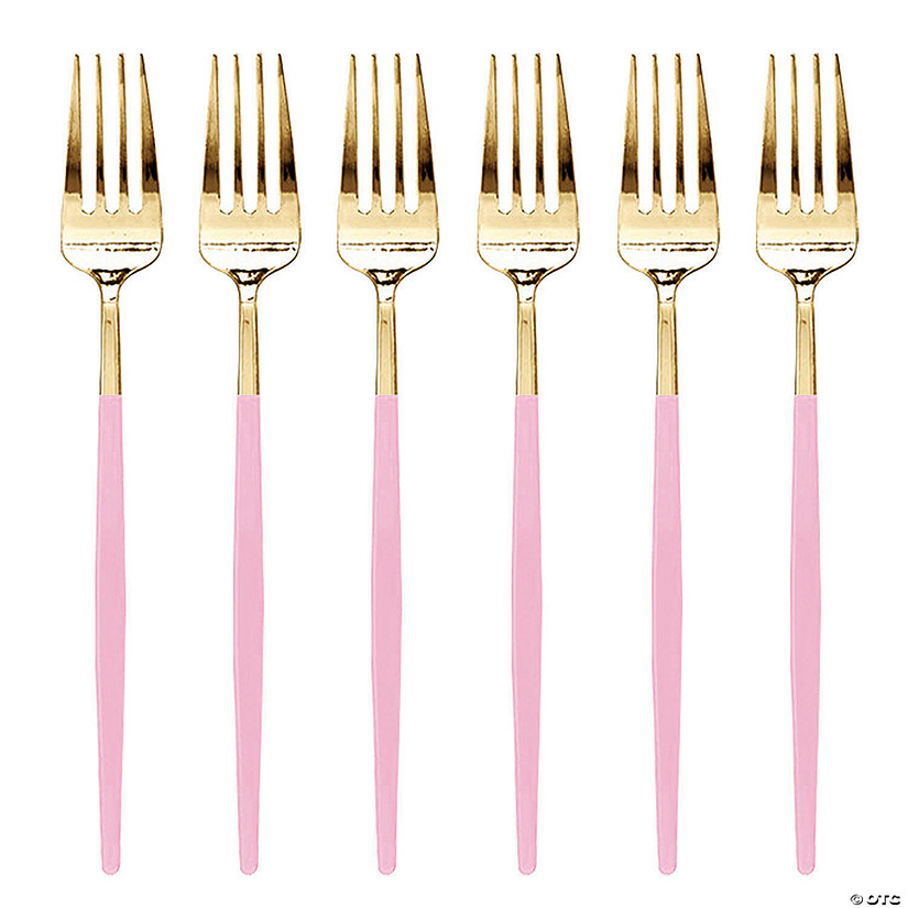Gold with Pink Handle Moderno Disposable Plastic Dinner Forks (120 Forks) Image